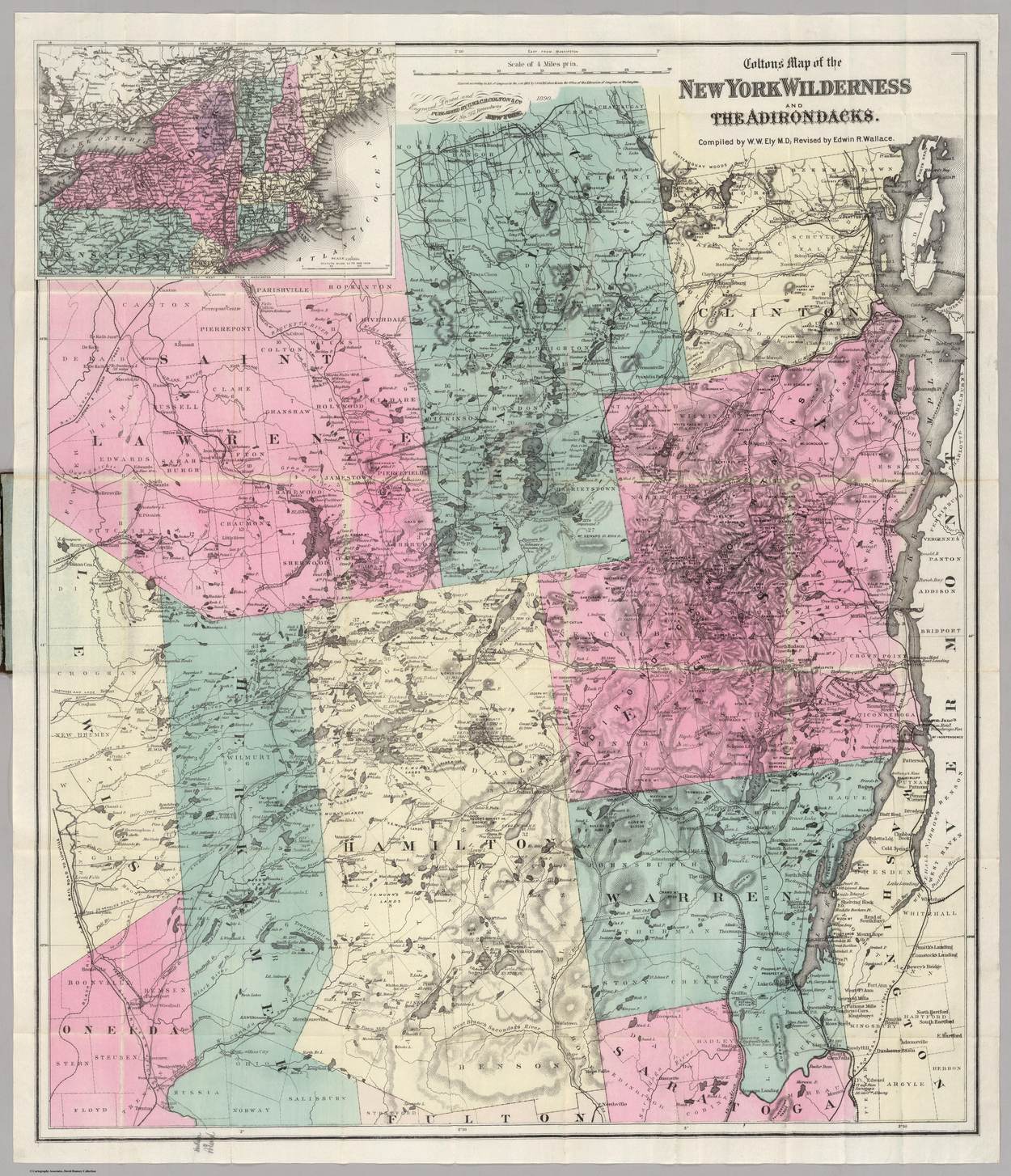 Colton’s Map of the New York Wilderness and the Adirondacks, 1890, showing the Adirondack counties in hand tinting.