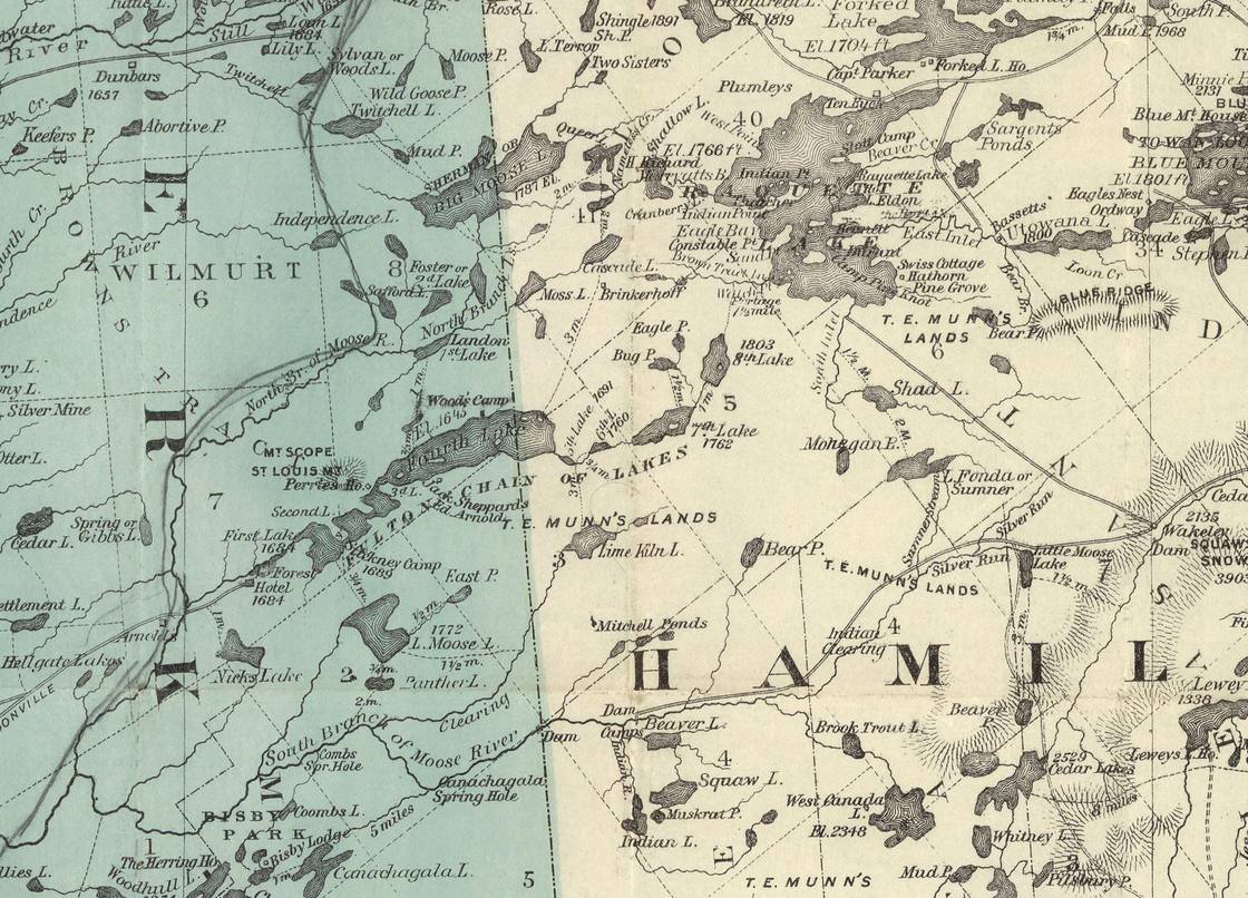 Detail of the 1890 Colton map showing the Fulton Chain of Lakes, Seventh Lake, Eighth Lake, Raquette Lake and Blue Mountain Lake.