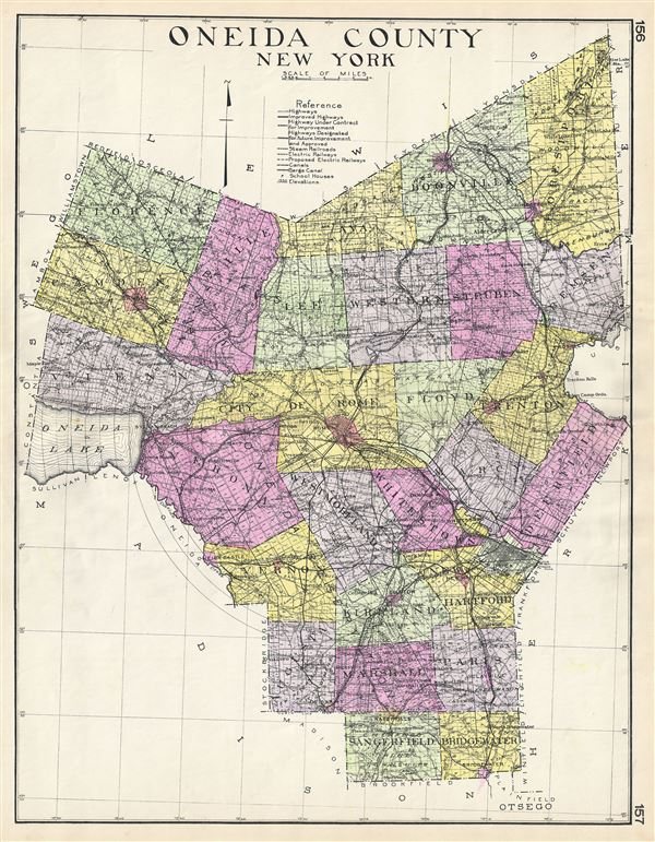 Coloured county atlas plate titled Oneida County, New York, showing the towns of Boonville, Steuben, Remsen, Trenton, Floyd, Deerfield, Western and Rome, with Utica at the lower right and Oneida Lake at the left.