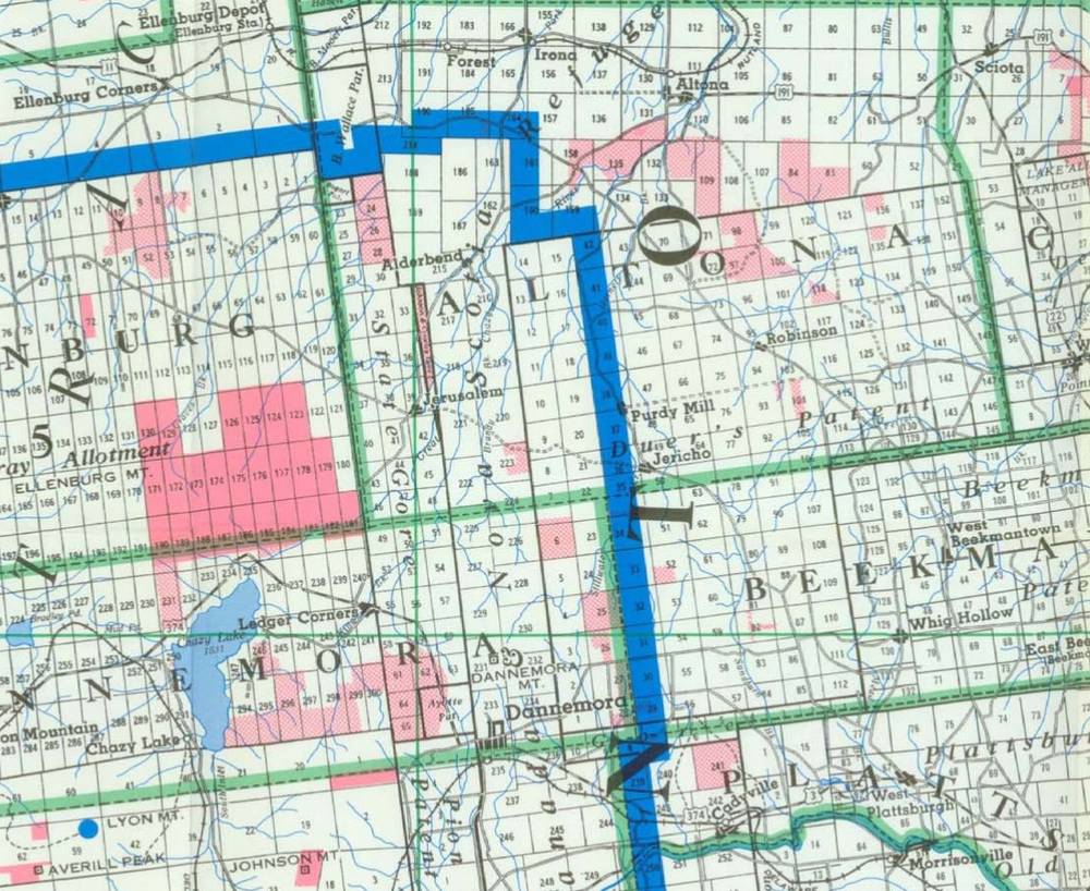 Detail of the 1985 DEC Adirondack Map showing Dannemora village, Dannemora Mountain, Chazy Lake, Lyon Mountain and the Adirondack Park boundary.