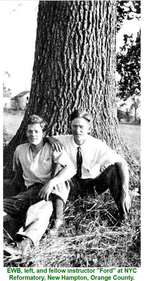 Black and white photograph of two young men seated at the foot of a very large tree in a field.