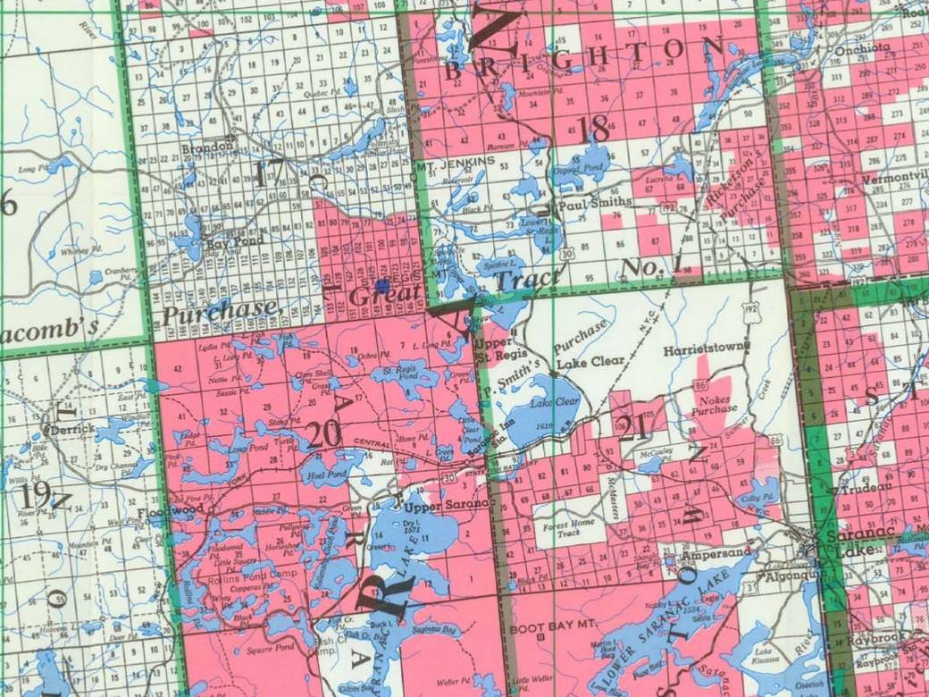 Detail of the 1985 DEC Adirondack Map showing Paul Smiths, Saranac Inn, Lake Clear, Upper Saranac Lake and Brighton.