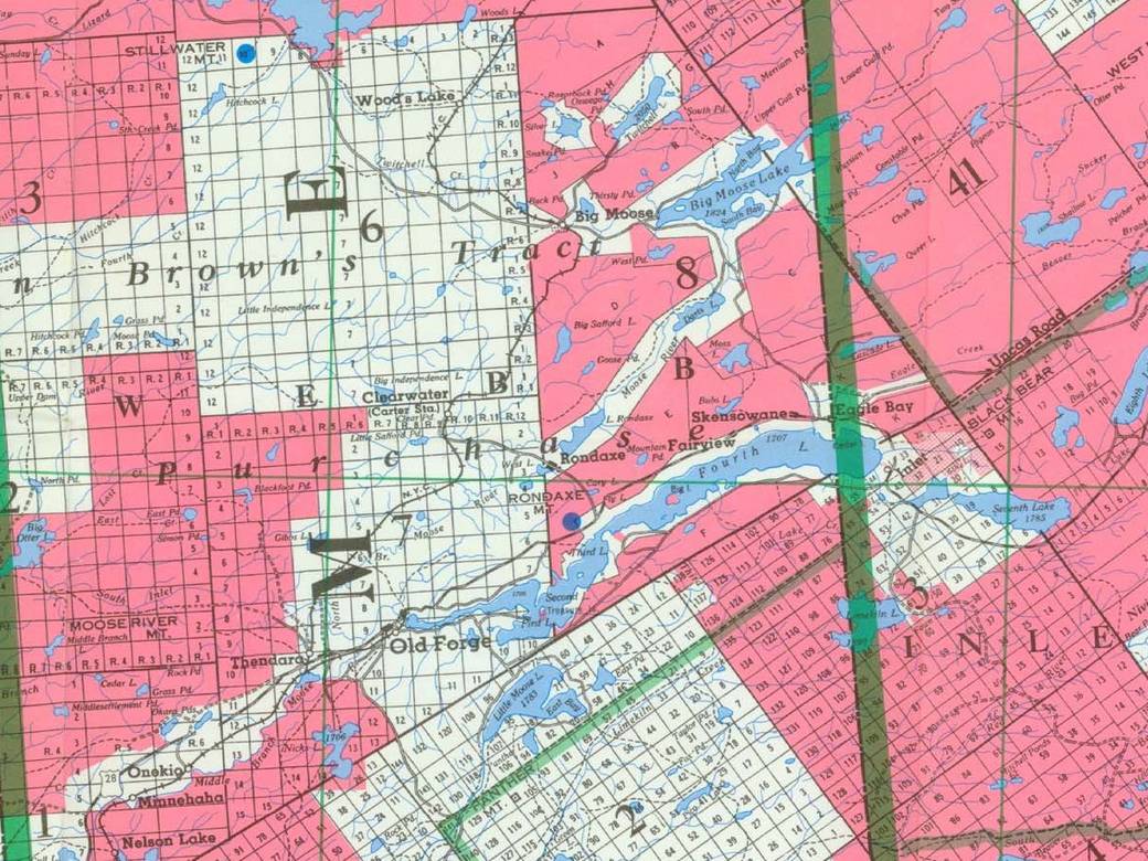 Detail of the 1985 DEC Adirondack Map showing Old Forge, Thendara, Eagle Bay, Big Moose, Stillwater Reservoir and John Brown’s Tract, with Forest Preserve land in pink.
