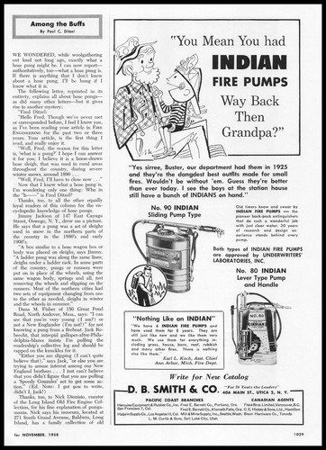 A 1958 magazine page carrying a D. B. Smith advertisement with a cartoon of a boy and a fireman, headed “You Mean You Had INDIAN FIRE PUMPS Way Back Then Grandpa?”