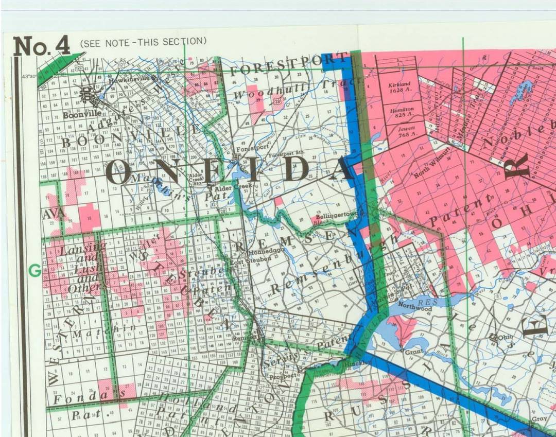 Detail of the 1985 DEC Adirondack Map showing Boonville, Forestport, Remsen, Prospect and Hinckley in Oneida County at the south-west corner of the Adirondack Park.