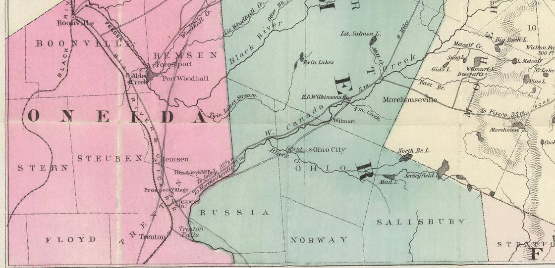 Detail of the 1890 Colton map showing Boonville, Remsen, Prospect, Trenton Falls, the towns of Russia, Norway and Ohio, and West Canada Creek.