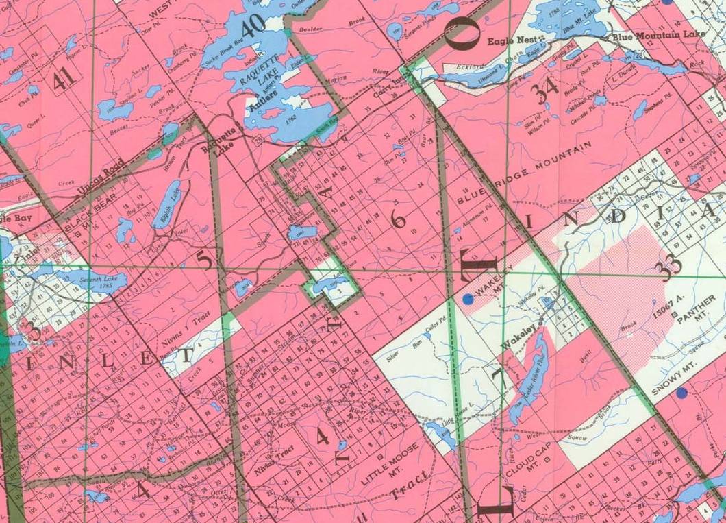 Detail of the 1985 DEC Adirondack Map showing Inlet, Seventh Lake, Eighth Lake, Raquette Lake, Blue Mountain Lake and Wakely Mountain, with Forest Preserve land in pink.
